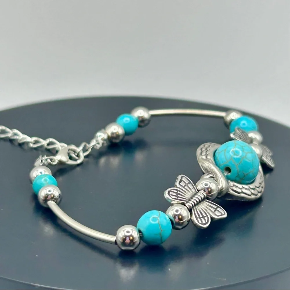 Whimsical Silver & Turquoise Butterfly Accent Bracelet